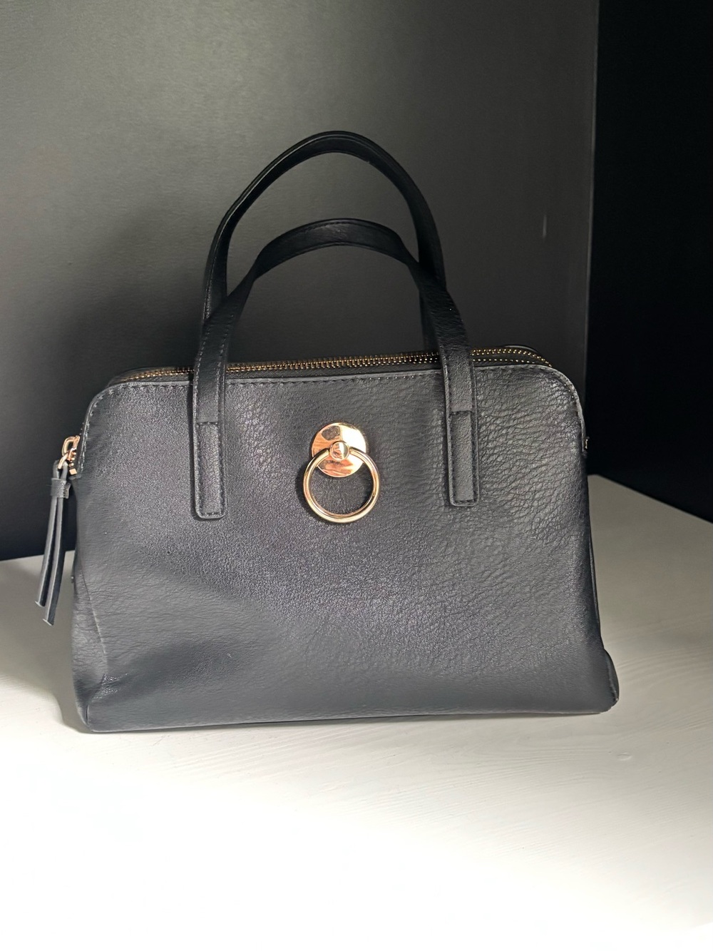 Black Leather Top-Handle Satchel with Rose Gold Ring Accent